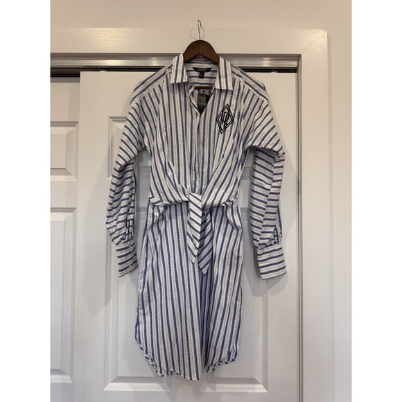 Lauren Ralph Lauren Dresses & Skirts - NWT Ralph Lauren Womens 8 White Stripe Tie Button Up Shirttail Broadcloth Dress